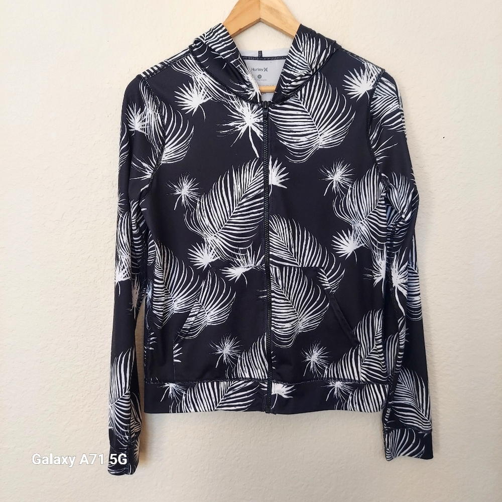 Hurley Womens Full Zip Long Sleeve Hooded Black White Floral Rashguard Sz S
